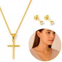 Conjunto Colar E Brinco Com Crucifixo Banhado A Ouro Feminino