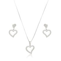 Conjunto Colar e Brinco Coração Cravejado Feminino Prata 925