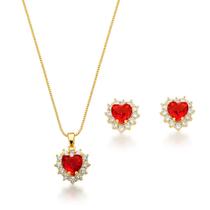 Conjunto Colar e Brinco Coração cravejados Vermelho Banhado a Ouro 18k