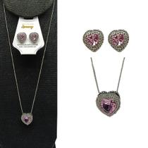 Conjunto Colar e Brinco Coração Lilás Ródio Zircônia-r.09