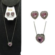 Conjunto Colar e Brinco Coração Lilás Ródio Zircônia-r.09