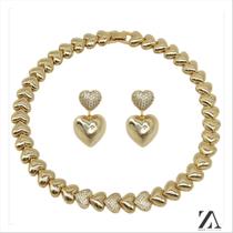 Conjunto Colar e Brinco Coração Micro Zircônia Conjunto Colar e Brinco Coração Micro Zircônia