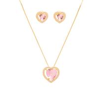 Conjunto Colar E Brinco Coração Pedra Rosa Folheado A Ouro