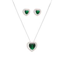 Conjunto Colar E Brinco Coração Pedra Verde Folheado A Prata Conjunto Colar E Brinco Coração Pedra Verde Folheado A Prata