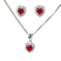 Conjunto Colar e Brinco Coração Rubi Zircônia Prata 925