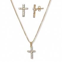 Conjunto Colar e Brinco Cruz Cravejada de Zirconias Banhada a Ouro Semijoia