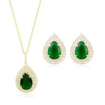 Conjunto Colar e Brinco de Gota Verde Esmeralda com Zircônias Folheado a Ouro 18k