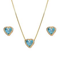 Conjunto Colar e Brinco Dourado e Azul Zircônia Folheado