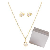 Conjunto Colar e Brinco Dourado Pérola Folhado a Ouro 18k