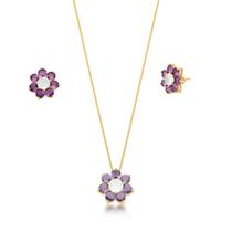 Conjunto Colar e Brinco Flor com cristais roxo banhado ouro 18k