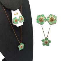 Conjunto Colar e Brinco Flores Verde Esmaltado Zircônia-r.08 Conjunto Colar e Brinco Flores Verde Esmaltado Zircônia-r.08