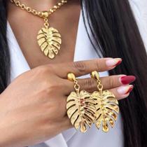 Conjunto Colar e Brinco Folha Banhado A Ouro 18k
