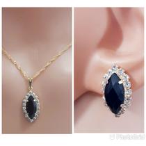 Conjunto Colar e Brinco Formato Navete com Strass Folheado Ouro 18k Antialérgico