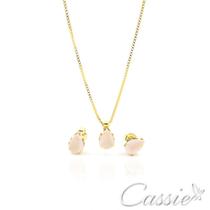 Conjunto Colar e Brinco Gota Mini Zircônia Rosa Claro