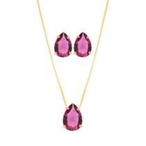 Conjunto Colar E Brinco Gota Pedra Pink Folheado Conjunto Colar E Brinco Gota Pedra Pink Folheado