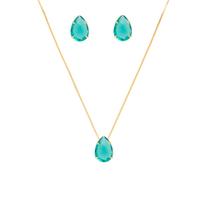 Conjunto Colar E Brinco Gota Pedra Verde Folheado A Ouro 18k Conjunto Colar E Brinco Gota Pedra Verde Folheado A Ouro 18k