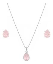 Conjunto Colar E Brinco Gota Prata 925 Pedra Quartzo Rosa