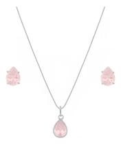 Conjunto Colar E Brinco Gota Prata 925 Pedra Quartzo Rosa