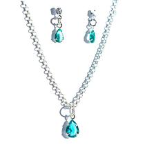 Conjunto Colar e Brinco Gota Zircônia Água-Marinha Prata 925 Conjunto Colar e Brinco Gota Zircônia Água-Marinha Prata 925