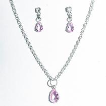 Conjunto Colar e Brinco Gota Zircônia Quartzo Rosa Prata 925