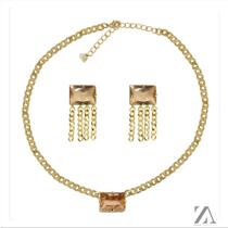 Conjunto Colar e Brinco Grumet Pedra Rose