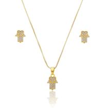 Conjunto Colar e Brinco Hamsá Amuleto Banho de Ouro 18k