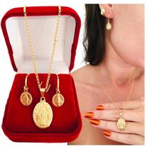 Conjunto Colar E Brinco Medalha N Senhora Das Graças Banhada