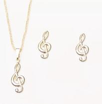 Conjunto Colar E Brinco Musica Nota Musical Folheado