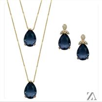 Conjunto Colar e Brinco Pedra Azul Formato Gota com Detalhes em Micro Zircônia Conjunto Colar e Brinco Pedra Azul Formato Gota com Detalhes em Micro Zircônia