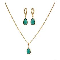 Conjunto Colar e Brinco Pedra Cristal Verde Oliva Folheado Ouro 18k Antialérgico