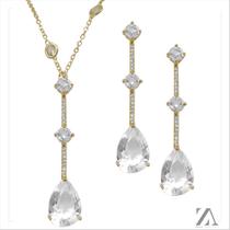 Conjunto Colar e Brinco Pedra Gota Zircônia Cristal com Detalhes em Micro Zircônia Conjunto Colar e Brinco Pedra Gota Zircônia Cristal com Detalhes em Micro Zircônia