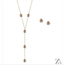 Conjunto Colar e Brinco Pedra Marrom com Detalhes em Micro Zircônia Conjunto Colar e Brinco Pedra Marrom com Detalhes em Micro Zircônia