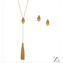 Conjunto Colar e Brinco Pedra Marrom com Pingente de Franjas Conjunto Colar e Brinco Pedra Marrom com Pingente de Franjas