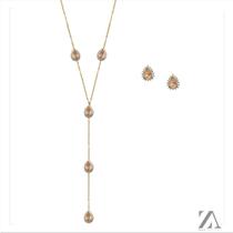 Conjunto Colar e Brinco Pedra Rose com Detalhes em Micro Zircônia