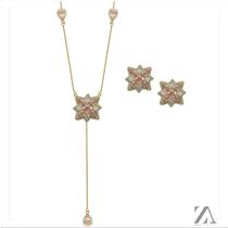 Conjunto Colar e Brinco pedra rose com detalhes em micro zircônia