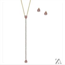 Conjunto Colar e Brinco Pedra Rose Gota com Detalhes no Pingente Grande em Micro Zircônia Conjunto Colar e Brinco Pedra Rose Gota com Detalhes no Pingente Grande em Micro Zircônia
