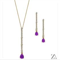 Conjunto Colar e Brinco Pedra Roxa Semijoia