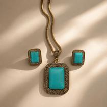 Conjunto Colar e Brinco Pedra Turquesa Vintage Étnico Dourado ou Prateado Presente Elegante