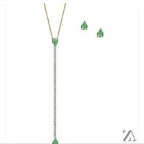 Conjunto Colar e Brinco Pedra Verde Gota com Detalhes no Pingente Grande em Micro Zircônia Conjunto Colar e Brinco Pedra Verde Gota com Detalhes no Pingente Grande em Micro Zircônia