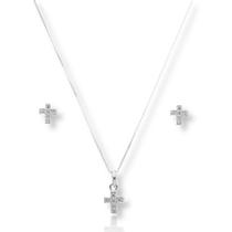 Conjunto Colar e Brinco Pingente Feminino Cruz Pedra Prata