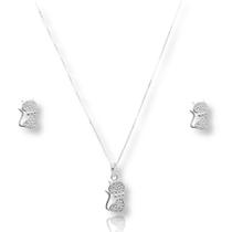 Conjunto Colar e Brinco Pingente Gato Gatinho Prata Delicado