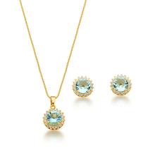 Conjunto Colar e Brinco Ponto de Luz Azul Claro Banhado a Ouro 18k Conjunto Colar e Brinco Ponto de Luz Azul Claro Banhado a Ouro 18k