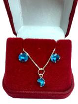 Conjunto Colar e Brinco Prata 925 Ponto de Luz Azul Celeste