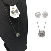 Conjunto Colar e Brinco Redondo Ródio Branco Zircônia-r.05