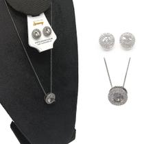 Conjunto Colar e Brinco Redondo Ródio Branco Zircônia-r.05