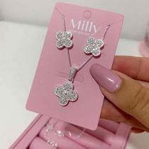 Conjunto colar e brinco trevo cravejado