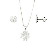 Conjunto Colar e Brinco Trevo Cravejado Zircônia Cristal Prata 925