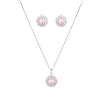 Conjunto Colar E Brinco Zircônia Rosa Folheado A Prata