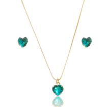 Conjunto Colar e Brinco Zircônias Verdes Formato Coração Semijoia de Luxo Antialergica 12 meses garantia Conjunto Colar e Brinco Zircônias Verdes Formato Coração Semijoia de Luxo Antialergica 12 meses garantia
