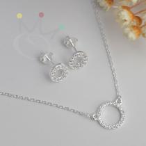 Conjunto Colar e Brincos Circulo Vazado - Prata